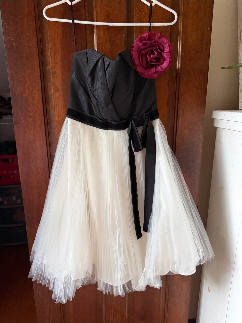 White House Black Market Black and Ivory Tulle Party Dress with Rosette Accent